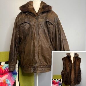 Doncaster Vintage Brown Leather & Fur Convertible Vest and Jacket 16